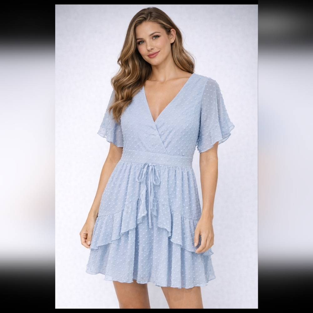 Showpo Blue Swiss Dot Ruffle Tiered Mini Dress Flutter Sleeve V-Neck Size Small